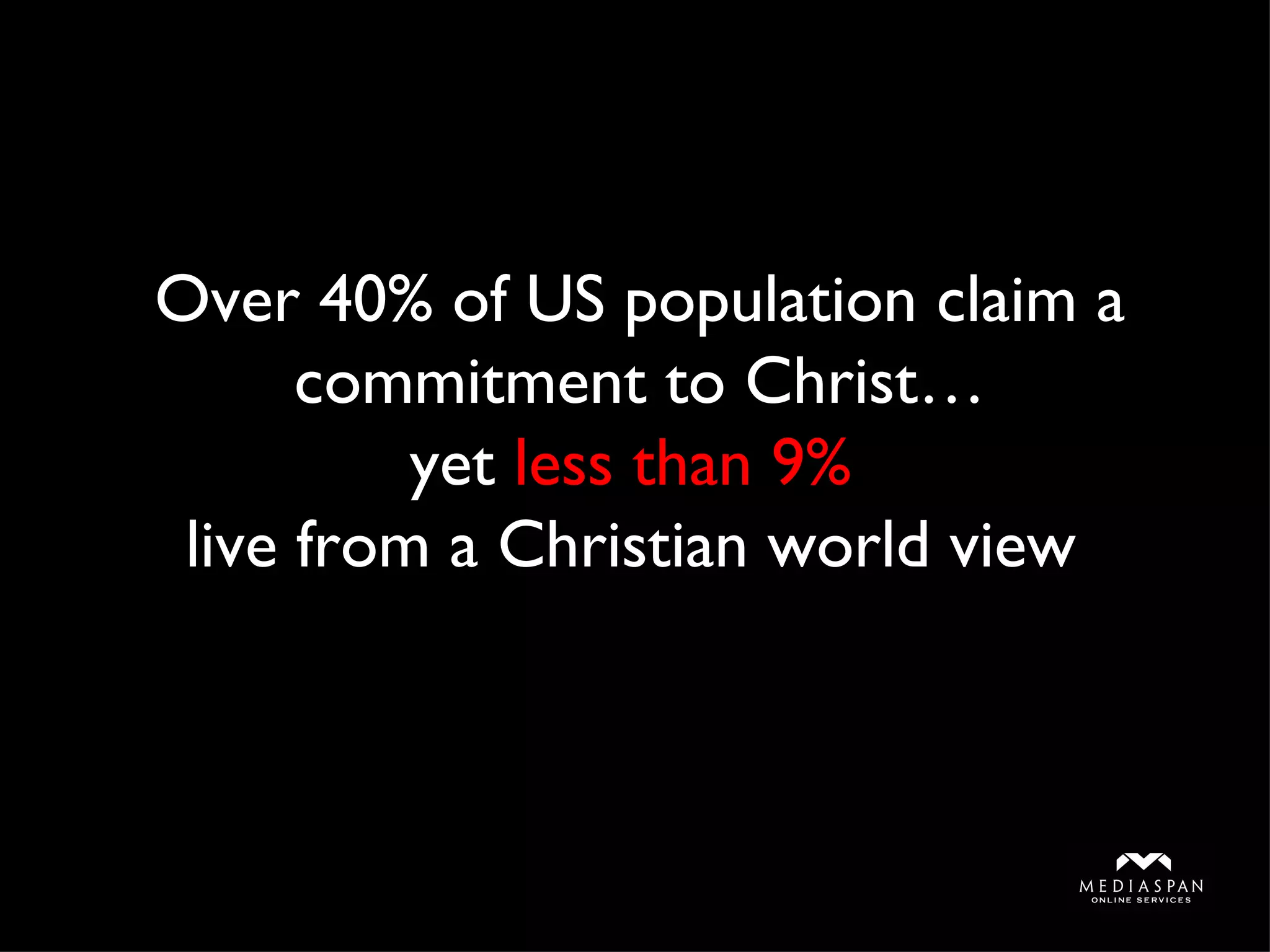 Over 40% of US population claim a commitment to Christ… yet  less than 9%  live from a Christian world view  