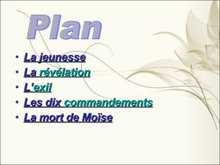 La jeunesse La  révélation L’ exil Les dix  commandements La mort de Moïse Plan 