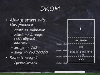 DKOM
• Always starts with
this pattern:
– .state => unknown
– .stack => 2-page
(8K) aligned
address
– .usage => 0x2
– .fla...