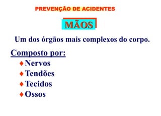 MÃOS
Um dos órgãos mais complexos do corpo.
Composto por:
Nervos
Tendões
Tecidos
Ossos
PREVENÇÃO DE ACIDENTES
 