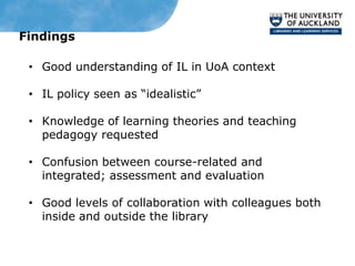 Findings

 • Good understanding of IL in UoA context

 • IL policy seen as “idealistic”

 • Knowledge of learning theories and teaching
   pedagogy requested

 • Confusion between course-related and
   integrated; assessment and evaluation

 • Good levels of collaboration with colleagues both
   inside and outside the library
 
