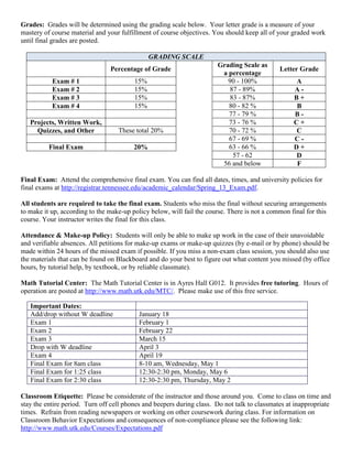 Grades: Grades will be determined using the grading scale below. Your letter grade is a measure of your
mastery of course material and your fulfillment of course objectives. You should keep all of your graded work
until final grades are posted.

                                               GRADING SCALE
                                                                        Grading Scale as
                                Percentage of Grade                                           Letter Grade
                                                                         a percentage
           Exam # 1                      15%                               90 - 100%                A
           Exam # 2                      15%                                87 - 89%                A-
           Exam # 3                      15%                                83 - 87%                B+
           Exam # 4                      15%                               80 - 82 %                B
                                                                           77 - 79 %                B-
   Projects, Written Work,                                                 73 - 76 %                C+
     Quizzes, and Other            These total 20%                         70 - 72 %                C
                                                                           67 - 69 %                C-
          Final Exam                     20%                               63 - 66 %                D+
                                                                             57 - 62                D
                                                                         56 and below               F

Final Exam: Attend the comprehensive final exam. You can find all dates, times, and university policies for
final exams at http://registrar.tennessee.edu/academic_calendar/Spring_13_Exam.pdf.

All students are required to take the final exam. Students who miss the final without securing arrangements
to make it up, according to the make-up policy below, will fail the course. There is not a common final for this
course. Your instructor writes the final for this class.

Attendance & Make-up Policy: Students will only be able to make up work in the case of their unavoidable
and verifiable absences. All petitions for make-up exams or make-up quizzes (by e-mail or by phone) should be
made within 24 hours of the missed exam if possible. If you miss a non-exam class session, you should also use
the materials that can be found on Blackboard and do your best to figure out what content you missed (by office
hours, by tutorial help, by textbook, or by reliable classmate).

Math Tutorial Center: The Math Tutorial Center is in Ayres Hall G012. It provides free tutoring. Hours of
operation are posted at http://www.math.utk.edu/MTC/. Please make use of this free service.

   Important Dates:
   Add/drop without W deadline             January 18
   Exam 1                                  February 1
   Exam 2                                  February 22
   Exam 3                                  March 15
   Drop with W deadline                    April 3
   Exam 4                                  April 19
   Final Exam for 8am class                8-10 am, Wednesday, May 1
   Final Exam for 1:25 class               12:30-2:30 pm, Monday, May 6
   Final Exam for 2:30 class               12:30-2:30 pm, Thursday, May 2

Classroom Etiquette: Please be considerate of the instructor and those around you. Come to class on time and
stay the entire period. Turn off cell phones and beepers during class. Do not talk to classmates at inappropriate
times. Refrain from reading newspapers or working on other coursework during class. For information on
Classroom Behavior Expectations and consequences of non-compliance please see the following link:
http://www.math.utk.edu/Courses/Expectations.pdf
 