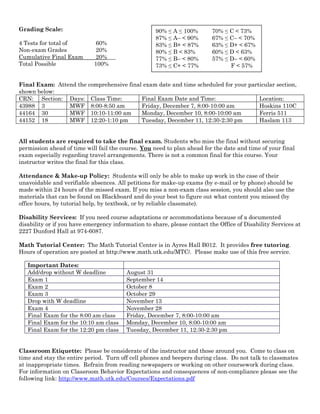 Grading Scale:                                      90% ≤ A ≤ 100%        70% ≤ C < 73%
                                                    87% ≤ A– < 90%        67% ≤ C– < 70%
4 Tests for total of          60%                   83% ≤ B+ < 87%        63% ≤ D+ < 67%
Non-exam Grades               20%                   80% ≤ B < 83%         60% ≤ D < 63%
Cumulative Final Exam         20%___                77% ≤ B– < 80%        57% ≤ D– < 60%
Total Possible               100%                   73% ≤ C+ < 77%              F < 57%


Final Exam: Attend the comprehensive final exam date and time scheduled for your particular section,
shown below:
CRN: Section: Days: Class Time:           Final Exam Date and Time:                  Location:
43988 3         MWF 8:00-8:50 am          Friday, December 7, 8:00-10:00 am          Hoskins 110C
44164 30        MWF 10:10-11:00 am        Monday, December 10, 8:00-10:00 am         Ferris 511
44152 18        MWF 12:20-1:10 pm         Tuesday, December 11, 12:30-2:30 pm        Haslam 113


All students are required to take the final exam. Students who miss the final without securing
permission ahead of time will fail the course. You need to plan ahead for the date and time of your final
exam especially regarding travel arrangements. There is not a common final for this course. Your
instructor writes the final for this class.

Attendance & Make-up Policy: Students will only be able to make up work in the case of their
unavoidable and verifiable absences. All petitions for make-up exams (by e-mail or by phone) should be
made within 24 hours of the missed exam. If you miss a non-exam class session, you should also use the
materials that can be found on Blackboard and do your best to figure out what content you missed (by
office hours, by tutorial help, by textbook, or by reliable classmate).

Disability Services: If you need course adaptations or accommodations because of a documented
disability or if you have emergency information to share, please contact the Office of Disability Services at
2227 Dunford Hall at 974-6087.

Math Tutorial Center: The Math Tutorial Center is in Ayres Hall B012. It provides free tutoring.
Hours of operation are posted at http://www.math.utk.edu/MTC/. Please make use of this free service.

   Important Dates:
   Add/drop without W deadline           August 31
   Exam 1                                September 14
   Exam 2                                October 8
   Exam 3                                October 29
   Drop with W deadline                  November 13
   Exam 4                                November 28
   Final Exam for the 8:00 am class      Friday, December 7, 8:00-10:00 am
   Final Exam for the 10:10 am class     Monday, December 10, 8:00-10:00 am
   Final Exam for the 12:20 pm class     Tuesday, December 11, 12:30-2:30 pm


Classroom Etiquette: Please be considerate of the instructor and those around you. Come to class on
time and stay the entire period. Turn off cell phones and beepers during class. Do not talk to classmates
at inappropriate times. Refrain from reading newspapers or working on other coursework during class.
For information on Classroom Behavior Expectations and consequences of non-compliance please see the
following link: http://www.math.utk.edu/Courses/Expectations.pdf
 