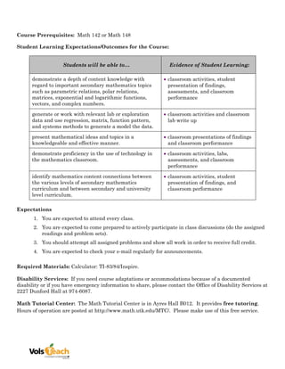 Course Prerequisites: Math 142 or Math 148

Student Learning Expectations/Outcomes for the Course:


                    Students will be able to…                     Evidence of Student Learning:

      demonstrate a depth of content knowledge with             classroom activities, student
      regard to important secondary mathematics topics           presentation of findings,
      such as parametric relations, polar relations,             assessments, and classroom
      matrices, exponential and logarithmic functions,           performance
      vectors, and complex numbers.

      generate or work with relevant lab or exploration         classroom activities and classroom
      data and use regression, matrix, function pattern,         lab write up
      and systems methods to generate a model the data.

      present mathematical ideas and topics in a                classroom presentations of findings
      knowledgeable and effective manner.                        and classroom performance

      demonstrate proficiency in the use of technology in       classroom activities, labs,
      the mathematics classroom.                                 assessments, and classroom
                                                                 performance

      identify mathematics content connections between          classroom activities, student
      the various levels of secondary mathematics                presentation of findings, and
      curriculum and between secondary and university            classroom performance
      level curriculum.

Expectations
       1. You are expected to attend every class.
       2. You are expected to come prepared to actively participate in class discussions (do the assigned
          readings and problem sets).
       3. You should attempt all assigned problems and show all work in order to receive full credit.
       4. You are expected to check your e-mail regularly for announcements.

Required Materials: Calculator: TI-83/84/Inspire.

Disability Services: If you need course adaptations or accommodations because of a documented
disability or if you have emergency information to share, please contact the Office of Disability Services at
2227 Dunford Hall at 974-6087.

Math Tutorial Center: The Math Tutorial Center is in Ayres Hall B012. It provides free tutoring.
Hours of operation are posted at http://www.math.utk.edu/MTC/. Please make use of this free service.
 