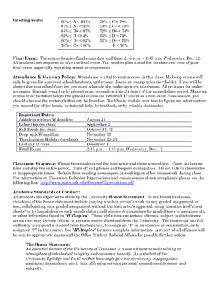 Grading Scale:            90% ≤ A ≤ 100%        76% ≤ C < 78%
                          87% ≤ A– < 90%        74% ≤ C– < 76%
                          84% ≤ B+ < 87%        72% ≤ D+ < 74%
                          82% ≤ B < 84%         71% ≤ D < 72%
                          80% ≤ B– < 82%        70% ≤ D– < 71%
                          78% ≤ C+ < 80%              F < 70%


Final Exam: The comprehensive final exam date and time: 2:45 p.m. – 4:45 p.m. Wednesday, Dec. 12.
All students are required to take the final exam. You need to plan ahead for the date and time of your
final exam, especially regarding travel arrangements.

Attendance & Make-up Policy: Attendance is vital to your success in this class. Make-up exams will
only be given for approved school functions, unforeseen illness or emergencies (verifiable). If you will be
absent due to a school function you must schedule the make-up work in advance. All petitions for make-
up exams (through e-mail or by phone) must be made within 24 hours of the missed class period. Make-up
exams must be taken before the graded exams are returned. If you miss a non-exam class session, you
should also use the materials that can be found on Blackboard and do your best to figure out what content
you missed (by office hours, by tutorial help, by textbook, or by reliable classmate).

   Important Dates:
   Add/drop without W deadline           August 31
   Labor Day (no class)                  September 3
   Fall Break (no class)                 October 11-12
   Drop with W deadline                  November 13
   Thanksgiving Holiday (no class)       November 22-23
   Last day of class                     December 4
   Final Exam                            2:45 p.m. – 4:45 p.m. Wednesday, Dec. 12


Classroom Etiquette: Please be considerate of the instructor and those around you. Come to class on
time and stay the entire period. Turn off cell phones and beepers during class. Do not talk to classmates
at inappropriate times. Refrain from reading newspapers or working on other coursework during class.
For information on Classroom Behavior Expectations and consequences of non-compliance please see the
following link: http://www.math.utk.edu/Courses/Expectations.pdf

Academic Standards of Conduct:
All students are expected to abide by the University Honor Statement. In mathematics classes,
violations of the honor statement include copying another person's work on any graded assignment or
test, collaborating on a graded assignment without the instructor's approval, using unauthorized "cheat
sheets" or technical devices such as calculators, cell phones or computers for graded tests or assignments,
or other infractions listed in "Hilltopics". These violations are serious offenses, subject to disciplinary
action that may include failure in a course and/or dismissal from the University. The instructor has full
authority to suspend a student from his/her class, to assign an "F" in an exercise or examination, or to
assign an "F" in the course. See "Hilltopics" for more complete information. A report of all offenses will
be sent to appropriate deans and the Office Student Judicial Affairs for possible further action.

       The Honor Statement
       An essential feature of the University of Tennessee is a commitment to maintaining an
       atmosphere of intellectual integrity and academic honesty. As a student of the
       University, I pledge that I will neither knowingly give nor receive any inappropriate
       assistance in academic work, thus affirming my own personal commitment to honor and
       integrity.
 