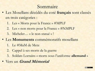 Sommaire
• Les Mosellans décédés du coté français sont classés
en trois catégories :
1. Les « Morts pour la France » #MPLF...