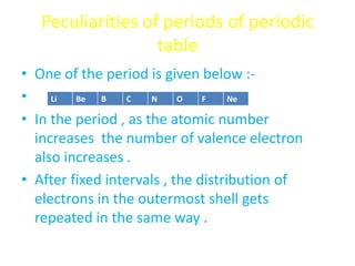Peculiarities of periods of periodic
table
• One of the period is given below :-
•
• In the period , as the atomic number
increases the number of valence electron
also increases .
• After fixed intervals , the distribution of
electrons in the outermost shell gets
repeated in the same way .
Li Be B C N O F Ne
 
