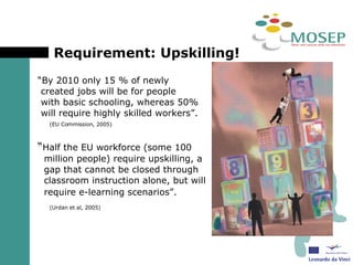Requirement: Upskilling! “ By 2010 only 15 % of newly  created jobs will be for people  with basic schooling, whereas 50%  will require highly skilled workers”.  (EU Commission, 2005)‏ “ Half the EU workforce (some 100  million people) require upskilling, a  gap that cannot be closed through  classroom instruction alone, but will require e-learning scenarios”.   (Urdan et al, 2005)‏ 