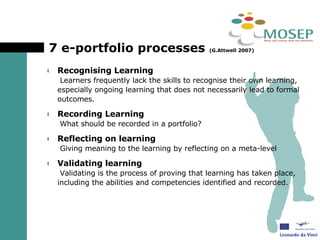 7 e-portfolio processes  (G.Attwell 2007) Recognising Learning  Learners frequently lack the skills to recognise their own learning, especially ongoing learning that does not necessarily lead to formal outcomes. Recording Learning   What should be recorded in a portfolio? Reflecting on learning  Giving meaning to the learning by reflecting on a meta-level Validating learning   Validating is the process of proving that learning has taken place, including the abilities and competencies identified and recorded.   