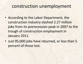 construction unemployment

• According to the Labor Department, the
  construction industry slashed 2.27 million
  jobs from its prerecession peak in 2007 to the
  trough of construction employment in
  January 2011.
• Just 95,000 jobs have returned, or less than 5
  percent of those lost.
 