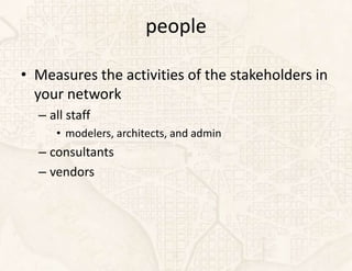 people

• Measures the activities of the stakeholders in
  your network
  – all staff
     • modelers, architects, and admin
  – consultants
  – vendors
 