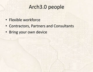 Arch3.0 people

• Flexible workforce
• Contractors, Partners and Consultants
• Bring your own device
 
