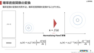 Copyright © 2022 ARISE analytics reserved.
[公開情報]
9
確率密度関数の変換
確率変数の変換を利用すると、確率密度関数を変換することができる。
𝐱 = 𝑓 𝐳
𝑝𝐳(𝐳) = 𝑝𝐱(𝑓 (𝐳)) det
𝑑𝑓(𝐳)
𝑑𝐳
𝑝𝒙(𝐱) = 𝑝𝒛(𝑓−1
(𝐱)) det
𝑑𝑓−1
(𝐱)
𝑑𝐱
確率密度
イメージ
Normalizing Flowで学習
 