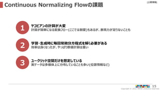Copyright © 2022 ARISE analytics reserved.
[公開情報]
15
Continuous Normalizing Flowの課題
1 ヤコビアンの計算が大変
計算が簡単になる変換フロー(ここでは割愛)もあるが、表現力が足りないことも
2 学習・生成時に毎回常微分方程式を解く必要がある
効率は良くなったが、やっぱり数値計算は重い
3 ユークリッド空間だけを想定している
実データは多様体上に分布していることも多い(位置情報など)
 