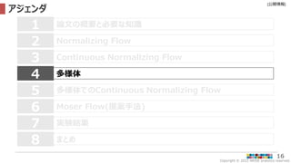 Copyright © 2022 ARISE analytics reserved.
[公開情報]
16
アジェンダ
論文の概要と必要な知識
1
Normalizing Flow
2
Continuous Normalizing Flow
3
多様体
4
Moser Flow(提案手法)
6
7 実験結果
多様体でのContinuous Normalizing Flow
5
8 まとめ
 