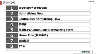 Copyright © 2022 ARISE analytics reserved.
[公開情報]
1
アジェンダ
論文の概要と必要な知識
1
Normalizing Flow
2
Continuous Normalizing Flow
3
多様体
4
Moser Flow(提案手法)
6
7 実験結果
多様体でのContinuous Normalizing Flow
5
8 まとめ
 