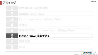 Copyright © 2022 ARISE analytics reserved.
[公開情報]
27
アジェンダ
論文の概要と必要な知識
1
Normalizing Flow
2
Continuous Normalizing Flow
3
多様体
4
Moser Flow(提案手法)
6
7 実験結果
多様体でのContinuous Normalizing Flow
5
8 まとめ
 
