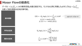 Copyright © 2022 ARISE analytics reserved.
[公開情報]
31
Moser Flowの最適化
データ𝒳 = 𝑥𝑖 𝑖=1
𝑚
⊂ ℳの確率密度𝜇を最尤推定する。 モンテカルロ用に用意した𝜂のサンプル𝒴 = 𝑦𝑗 𝑙=1
𝑙
を使って損失関数は近似計算可能。
損失関数
𝑙 𝜃 = −𝔼𝜇 log𝜇+ 𝑥 + 𝜆
ℳ
𝜇− 𝑥 𝑑𝑉
𝜇+ 𝑥 = max{𝜖, 𝜇(𝑥)}
𝜇− 𝑥 = 𝜖 − min{𝜖, 𝜇(𝑥)}
平均の近似 𝔼𝜇 log𝜇+ 𝑥 ≈
1
𝑚
𝑖=1
𝑚
log 𝜇+(𝑥𝑖)
積分の近似
ℳ
𝜇− 𝑥 𝑑𝑉 ≈
1
𝑙
𝑗=1
𝑙
𝜇−(𝑦𝑗)
𝜂 𝑦𝑗
𝜆はハイパーパラメータ
 