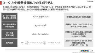 Copyright © 2022 ARISE analytics reserved.
[公開情報]
32
ユークリッド部分多様体での生成モデル
多様体上に分布しているデータ(地理関連データなど)でも、ユークリッド座標で表現されていることが多い。実
際にモデルを構築する場合、ユークリッド座標を多様体上に投影する必要がある。
損失関数 𝑙 𝜃 = −
1
𝑚
𝑖=1
𝑚
log max 𝜖, 𝜈 𝑥𝑖 − div𝐸𝑢 𝑥𝑖 +
𝜆−
′
𝑙
𝑗=1
𝑙
(𝜖 − min {𝜖, 𝜈 𝑦𝑗 − div𝐸𝑢(𝑦𝑗)})
ユークリッド空間か
ら多様体への投影
𝜋 𝑥 = min
𝑦∈ℳ
𝑥 − 𝑦
接ベクトル平面へ
の投影行列
𝑃𝑥 = 𝐼 − 𝑁𝑁T
ベクトル場
(学習対象)
𝑢 𝑥 = 𝑃𝜋 𝑥 𝑣𝜃(𝜋(𝑥))
多様体上で最も近い座標に投影
多様体上の点𝑥上のベクトルを点𝑥の
接ベクトル平面に投影
多様体上のベクトル場は上記の投影
を利用して表現する
(𝑣𝜃はMLPで学習)
上記のようなモデリングをすると、損失
関数も書き直せる
(𝜆−
′
はハイパーパラメータ)
 