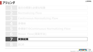 Copyright © 2022 ARISE analytics reserved.
[公開情報]
33
アジェンダ
論文の概要と必要な知識
1
Normalizing Flow
2
Continuous Normalizing Flow
3
多様体
4
Moser Flow(提案手法)
6
7 実験結果
多様体でのContinuous Normalizing Flow
5
8 まとめ
 