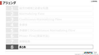 Copyright © 2022 ARISE analytics reserved.
[公開情報]
37
アジェンダ
論文の概要と必要な知識
1
Normalizing Flow
2
Continuous Normalizing Flow
3
多様体
4
Moser Flow(提案手法)
6
7 実験結果
多様体でのContinuous Normalizing Flow
5
8 まとめ
 