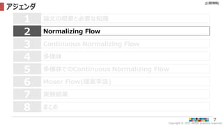 Copyright © 2022 ARISE analytics reserved.
[公開情報]
7
アジェンダ
論文の概要と必要な知識
1
Normalizing Flow
2
Continuous Normalizing Flow
3
多様体
4
Moser Flow(提案手法)
6
7 実験結果
多様体でのContinuous Normalizing Flow
5
8 まとめ
 