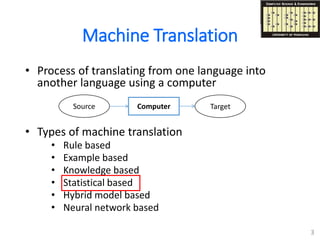 Machine Translation
• Process of translating from one language into
another language using a computer
• Types of machine translation
• Rule based
• Example based
• Knowledge based
• Statistical based
• Hybrid model based
• Neural network based
3
ComputerSource Target
 