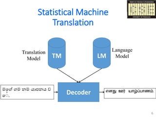 Statistical Machine
Translation
6
Translation
Model
Language
ModelTM LM
Decoder
මගේ ගම නම යාපනය ව
ග .
எனது ஊர் யாழ்ப்பாணம்.
 