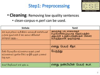 Step1: Preprocessing
• Cleaning: Removing low quality sentences
• clean-corpus-n.perl can be used.
9
Sinhala Tamil
එම ැනැත් ාට පැමිණීමට ගනොහැකි ත්ත්වයක්
උද්ග වූගේ නම් ඒ බව සනාථ කිරීගමන්
අනතුරුව සුදුසු….
அவருக்கு பாைசாடலக்குச்
சமுகமளிக்கமுடியாத சந்தர்ப்பத்தில்
அதுபற்றி உறுதிப்படுத்தியதன் பின்னர்
பபாருத்தமான ஒருவருக்கு…..
எனது பபயர் கீதா.
විශව විෙයාලයීය අධ්‍යාපනය ඇතුළු උසස
අධ්‍යාපනයට ප්‍රගේශ වීමට ඉංග්‍රීසි ෙැනුම උපකාර
වනු ඇ .
பபருந்து
මගේ මිතුරියගේ නම ශුබා ය. எனது நண்பியின் பபயர் சுபா.
 