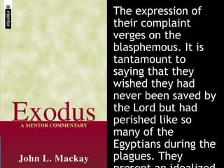The expression of
their complaint
verges on the
blasphemous. It is
tantamount to
saying that they
wished they had
never been saved by
the Lord but had
perished like so
many of the
Egyptians during the
plagues. They
 
