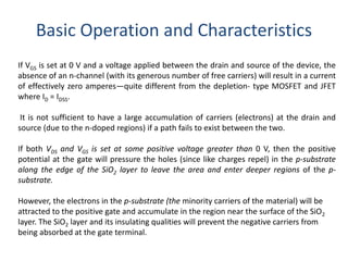 Basic Operation and Characteristics
If VGS is set at 0 V and a voltage applied between the drain and source of the device, the
absence of an n-channel (with its generous number of free carriers) will result in a current
of effectively zero amperes—quite different from the depletion- type MOSFET and JFET
where ID = IDSS.
It is not sufficient to have a large accumulation of carriers (electrons) at the drain and
source (due to the n-doped regions) if a path fails to exist between the two.
If both VDS and VGS is set at some positive voltage greater than 0 V, then the positive
potential at the gate will pressure the holes (since like charges repel) in the p-substrate
along the edge of the SiO2 layer to leave the area and enter deeper regions of the p-
substrate.
However, the electrons in the p-substrate (the minority carriers of the material) will be
attracted to the positive gate and accumulate in the region near the surface of the SiO2
layer. The SiO2 layer and its insulating qualities will prevent the negative carriers from
being absorbed at the gate terminal.
 