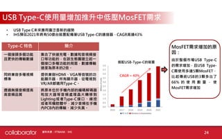 24
USB Type-C使用量增加推升中低壓MosFET需求
搭配USB-Type-C的裝置
CAGR = 43%
資料來源：ITTBANK、IHS
• USB Type C未來應用廣泛是新的趨勢
• IHS預估2021年將有50億台裝置配備著USB Type-C的連接器，CAGR高達43%
MosFET需求增加的原
因：
由於整個市場USB Type-C
的需求增加，且USB Type-
C需使用多達5顆MosFET，
比起傳統USB的3顆多出了
66% 的 使 用 數 量 ， 使
MosFET需求增加
Type-C 特色 簡介
一個接頭多個功能
且更快的傳輸數據
集合了快速充電、數據和音視頻接
口等功能的，在該生態圈建立起一
個接口多種功能的局面，數據傳輸
速度為原本的2倍。
同時兼容多種視頻
標準
提供兼容HDMI、VGA等信號的功
能顯示器，所有顯示器，從電視到
VR/AR都適用Type-C。
透過無損音頻提高
高音頻品質
將原本位於手機內部的編碼解碼器
和放大器等音頻處理晶片轉移到
Lighting或者Type-C接口、線控
或者耳機腔體中，減少音頻在手機
內PCB內的傳輸、減少失真。
 
