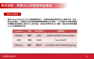 31
採用12吋製成
• 過去 Power MosFET 以 8 吋晶圓製造為主，在製程成熟度與穩定性上達到平衡，並已
完成成本優化。但產能不足的情形讓廠商開始轉用12吋製造。 12 吋廠在功率與感測器
半導體的前段製程上具有 6% 成本效益，能為毛利帶來約 2% 增幅，因此未來將持續擴
大 12 吋晶圓製造比例。
需求強勁，將開出12吋製造供給增加
Company 位置 運行時間 目標產品
Infineon 澳洲 2021 MosFET and IGBT for all end markets
AOS 中國 2H19 Power MosFET
ON semi 紐約 運行中 65-45CMOS, IFBT and MosFET(planned)
 
