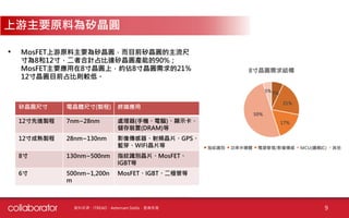 ㄎ
9
• MosFET上游原料主要為矽晶圓，而目前矽晶圓的主流尺
寸為8和12寸，二者合計占比達矽晶圓產能的90%；
MosFET主要應用在8寸晶圓上，約佔8寸晶圓需求的21%，
12寸晶圓目前占比則較低。
上游主要原料為矽晶圓
矽晶圓尺寸 電晶體尺寸(製程) 終端應用
12寸先進製程 7nm~28nm 處理器(手機、電腦)、顯示卡、
儲存裝置(DRAM)等
12寸成熟製程 28nm~130nm 影像傳感器、射頻晶片、GPS、
藍芽、WIFI晶片等
8寸 130nm~500nm 指紋識別晶片、MosFET、
IGBT等
6寸 500nm~1,200n
m
MosFET、IGBT、二極管等
資料來源：ITREAD、Aeternam Stella、基業長青
 