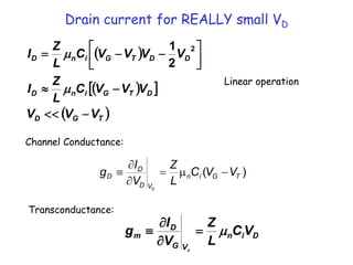 Drain current for REALLY small VD
 
 
 
 
T
G
D
D
T
G
i
n
D
D
D
T
G
i
n
D
V
V
V
V
V
V
C
L
Z
I
V
V
V
V
C
L
Z
I













m
m 2
2
1
Linear operation
Channel Conductance:
)
( T
G
i
n
V
D
D
D V
V
C
L
Z
V
I
g
G

m




Transconductance:
D
i
n
V
G
D
m V
C
L
Z
V
I
g
D
m




 