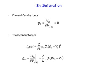 In Saturation
• Channel Conductance:
• Transconductance:
 2
2
T
G
i
n
D V
V
C
L
Z
sat
I 
m

0




G
V
D
D
D
V
I
g
 
T
G
i
n
V
G
D
m V
V
C
L
Z
V
I
g
D

m




 