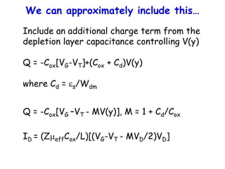 We can approximately include this…
Include an additional charge term from the
depletion layer capacitance controlling V(y)
Q = -Cox[VG-VT]+(Cox + Cd)V(y)
where Cd = es/Wdm
Q = -Cox[VG –VT - MV(y)], M = 1 + Cd/Cox
ID = (ZmeffCox/L)[(VG-VT - MVD/2)VD]
 
