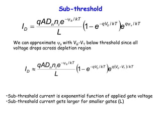 Sub-threshold
  kT
q
kT
qV
kT
i
n
D
s
D
B
e
e
L
e
n
qAD
I /
/
/
1 y

y



We can approximate ys with VG-VT below threshold since all
voltage drops across depletion region
    kT
V
V
q
kT
qV
kT
i
n
D
T
G
D
B
e
e
L
e
n
qAD
I /
/
/
1 

y



•Sub-threshold current is exponential function of applied gate voltage
•Sub-threshold current gets larger for smaller gates (L)
 