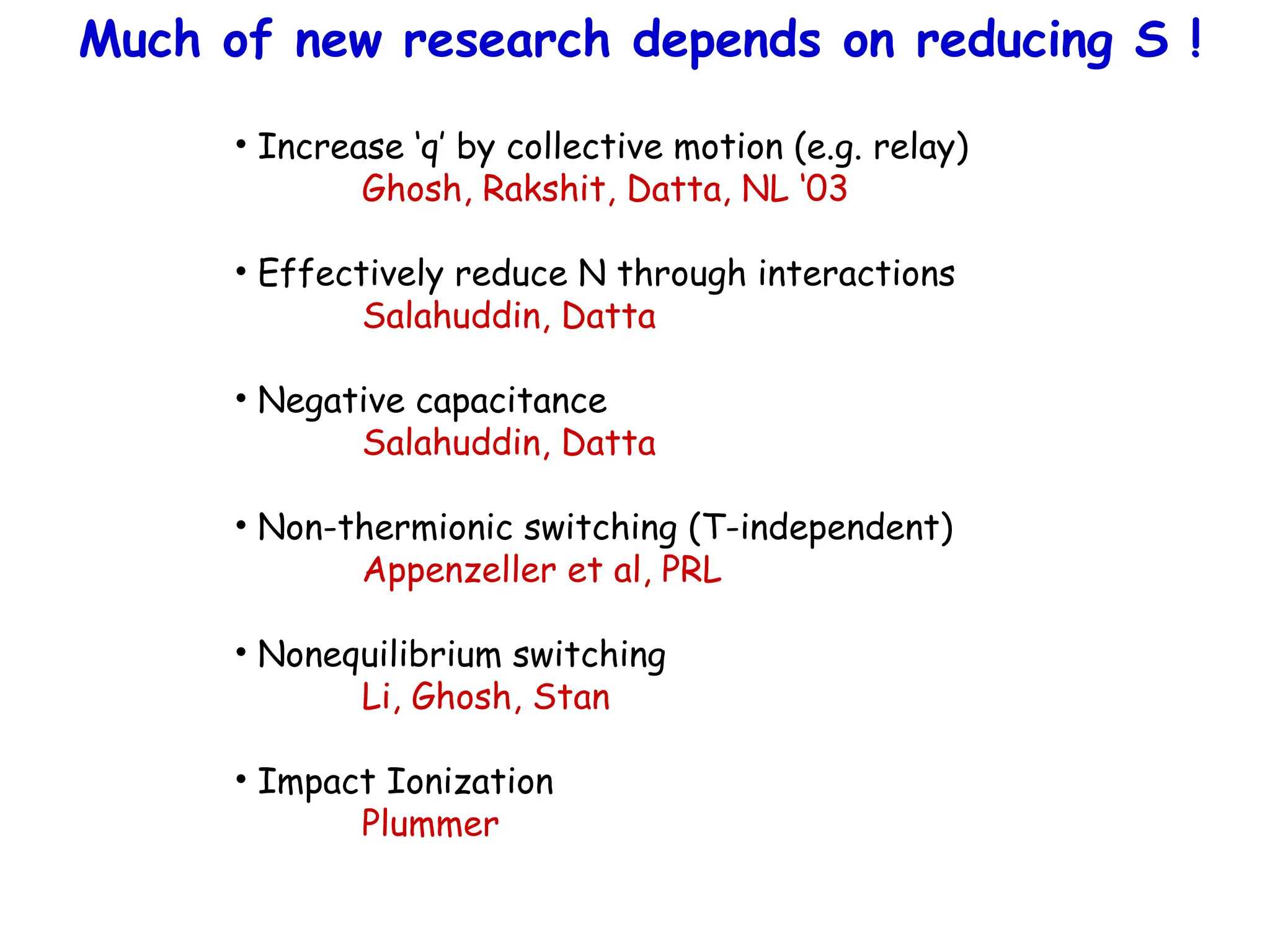 Much of new research depends on reducing S !
• Increase ‘q’ by collective motion (e.g. relay)
Ghosh, Rakshit, Datta, NL ‘03
• Effectively reduce N through interactions
Salahuddin, Datta
• Negative capacitance
Salahuddin, Datta
• Non-thermionic switching (T-independent)
Appenzeller et al, PRL
• Nonequilibrium switching
Li, Ghosh, Stan
• Impact Ionization
Plummer
 