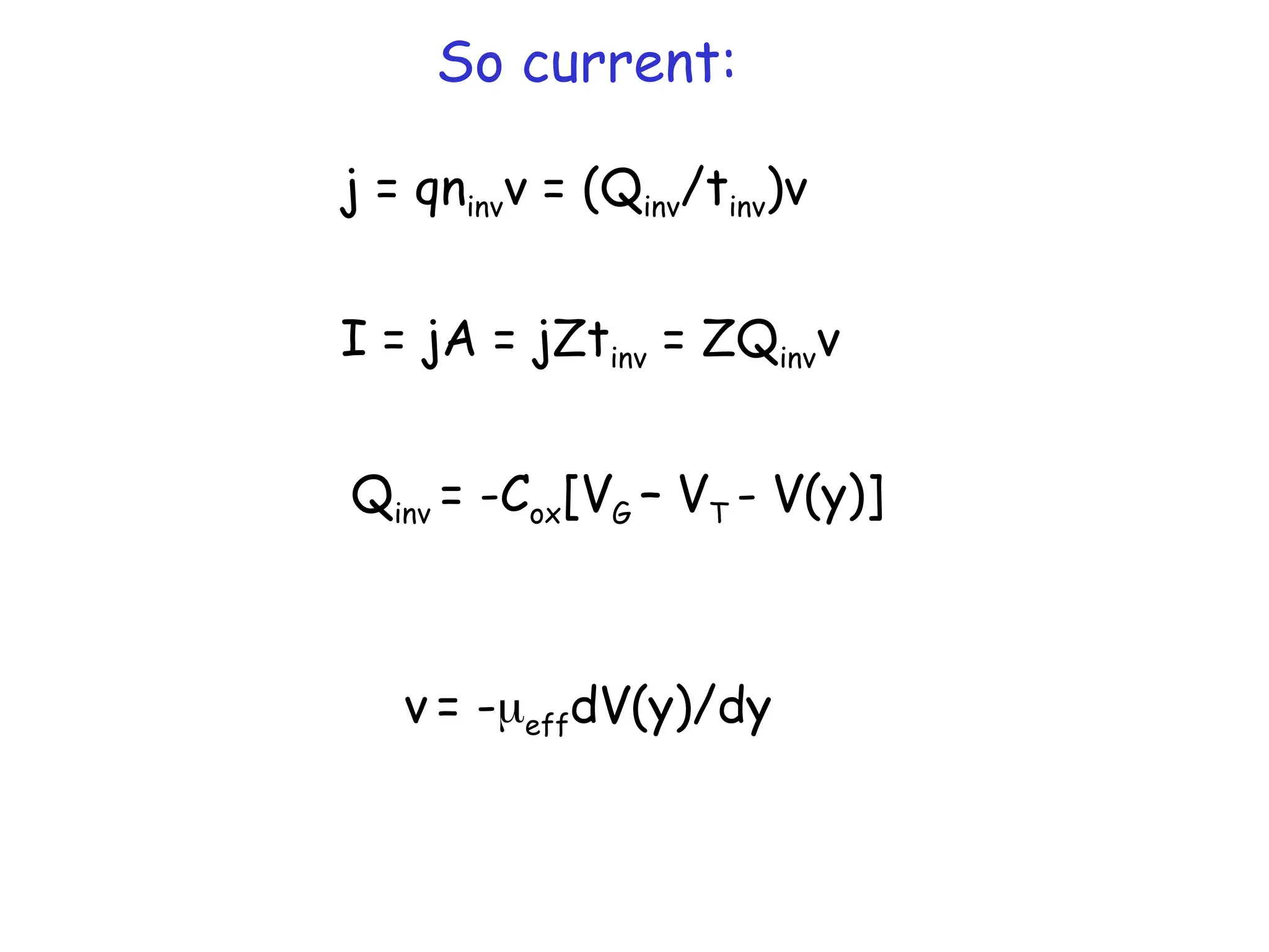 j = qninvv = (Qinv/tinv)v
I = jA = jZtinv = ZQinvv
So current:
Qinv = -Cox[VG – VT - V(y)]
v = -effdV(y)/dy
 