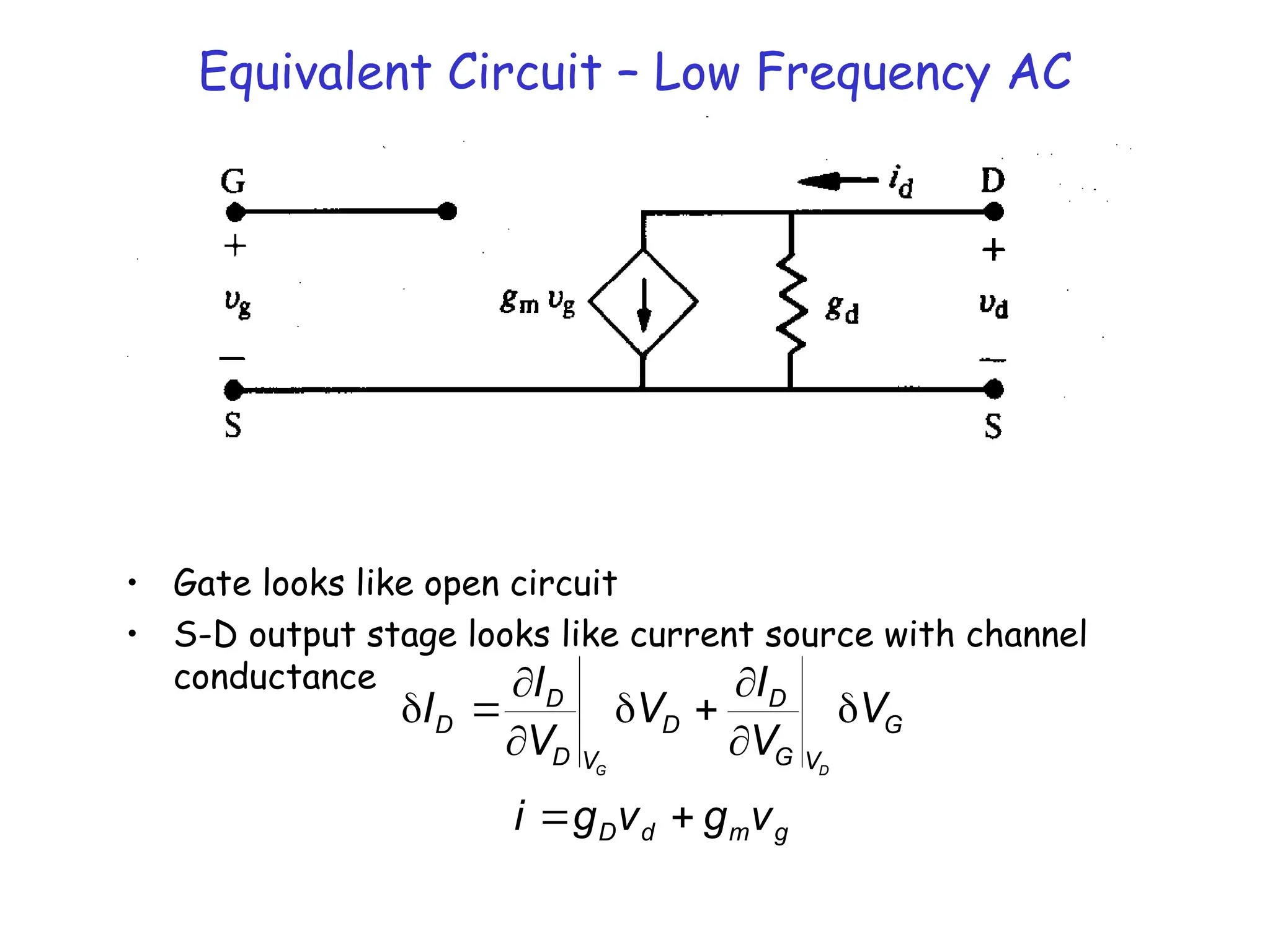Equivalent Circuit – Low Frequency AC
• Gate looks like open circuit
• S-D output stage looks like current source with channel
conductance
g
m
d
D
G
V
G
D
D
V
D
D
D
v
g
v
g
i
V
V
I
V
V
I
I
D
G











 