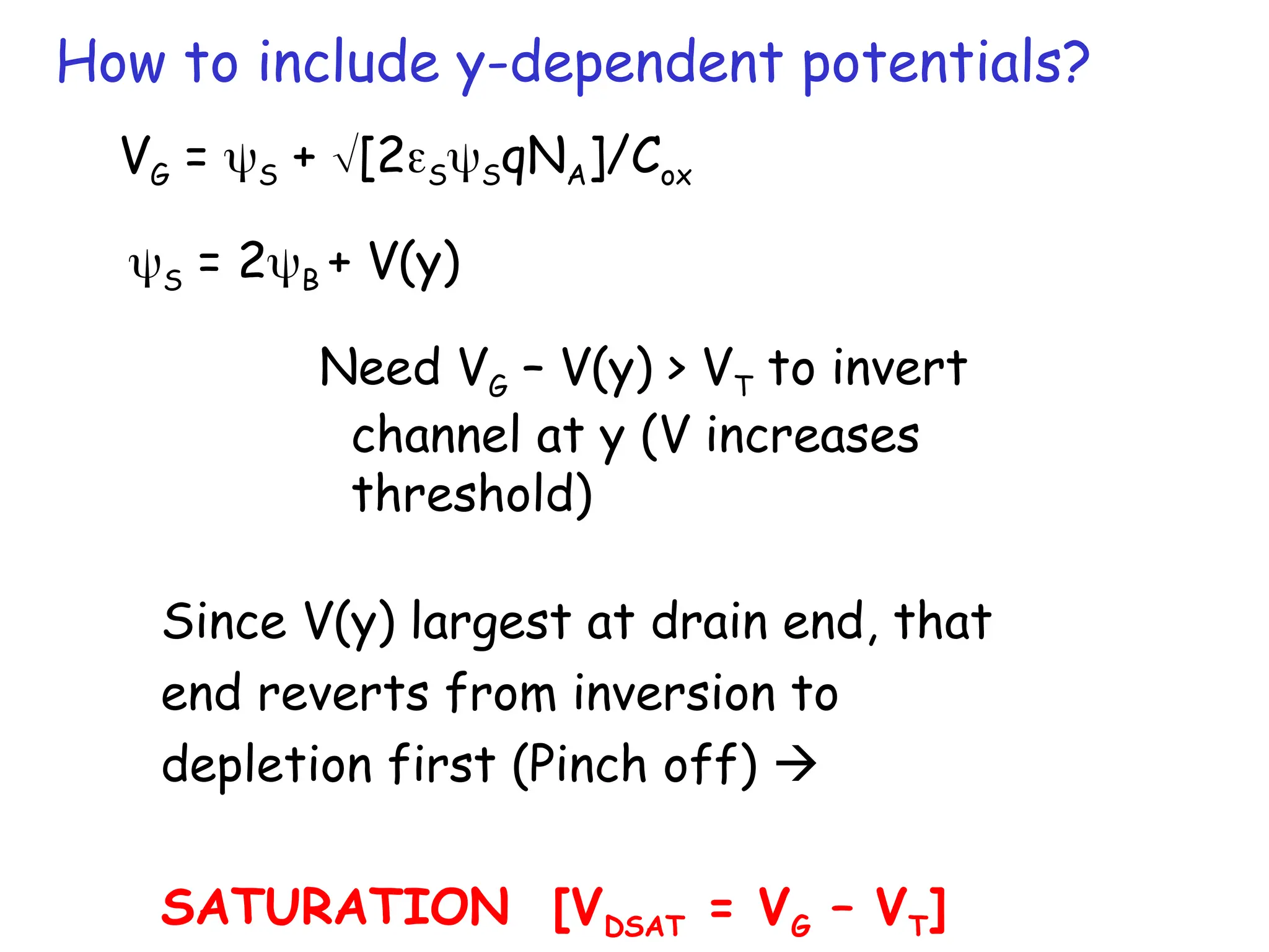 How to include y-dependent potentials?
S = 2B + V(y)
VG = S + [2SSqNA]/Cox
Need VG – V(y) > VT to invert
channel at y (V increases
threshold)
Since V(y) largest at drain end, that
end reverts from inversion to
depletion first (Pinch off) 
SATURATION [VDSAT = VG – VT]
 