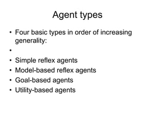 Agent types
• Four basic types in order of increasing
generality:
•
• Simple reflex agents
• Model-based reflex agents
• Goal-based agents
• Utility-based agents
 