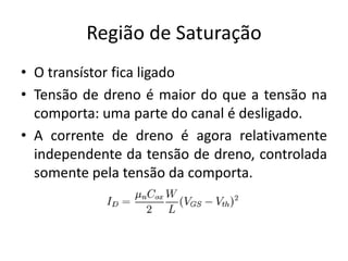 Região de Saturação
• O transístor fica ligado
• Tensão de dreno é maior do que a tensão na
comporta: uma parte do canal é desligado.
• A corrente de dreno é agora relativamente
independente da tensão de dreno, controlada
somente pela tensão da comporta.
 