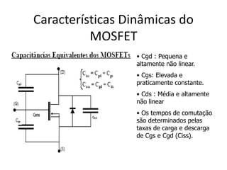 Características Dinâmicas do
MOSFET
• Cgd : Pequena e
altamente não linear.
• Cgs: Elevada e
praticamente constante.
• Cds : Média e altamente
não linear
• Os tempos de comutação
são determinados pelas
taxas de carga e descarga
de Cgs e Cgd (Ciss).
 