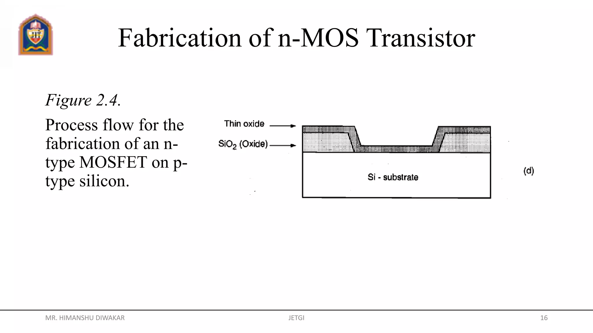 Fabrication of n-MOS Transistor
Figure 2.4.
Process flow for the
fabrication of an n-
type MOSFET on p-
type silicon.
MR. HIMANSHU DIWAKAR JETGI 16
 
