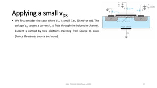 Applying a small vDS
• We first consider the case where VDS is small (i.e., 50 mV or so). The
voltage VDS causes a current iD to flow through the induced n channel.
Current is carried by free electrons traveling from source to drain
(hence the names source and drain).
ANIL PRASAD DADI/Dept. of ECE 17
 