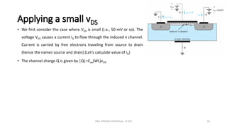 Applying a small vDS
• We first consider the case where VDS is small (i.e., 50 mV or so). The
voltage VDS causes a current iD to flow through the induced n channel.
Current is carried by free electrons traveling from source to drain
(hence the names source and drain).(Let’s calculate value of iD)
• The channel charge Q is given by |Q|=Cox(WL)vOV
ANIL PRASAD DADI/Dept. of ECE 18
 
