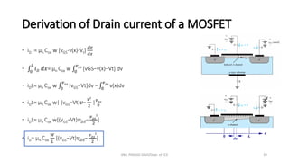 Derivation of Drain current of a MOSFET
• iD = µn Cox w [vGS-v(x)-Vt]
𝑑𝑣
𝑑𝑥
• ‫׬‬
0
𝐿
𝑖𝐷 𝑑𝑥= µn Cox w ‫׬‬
0
𝑣𝐷𝑆
[vGS−v(x)−Vt] dv
• iDL= µn Cox w ‫׬‬
0
𝑣𝐷𝑆
[vGS−Vt]dv − ‫׬‬
0
𝑣𝐷𝑆
v(x)dv
• iDL= µn Cox w| (vGS−Vt)𝑣−
𝑣2
2
|𝑣𝐷𝑆
0
• iDL= µn Cox w[(vGS−Vt)𝑣𝐷𝑆−
𝑣𝐷𝑆
2
2
]
• iD= µn Cox
𝑊
𝐿
[(vGS−Vt)𝑣𝐷𝑆−
𝑣𝐷𝑆
2
2
]
ANIL PRASAD DADI/Dept. of ECE 39
 
