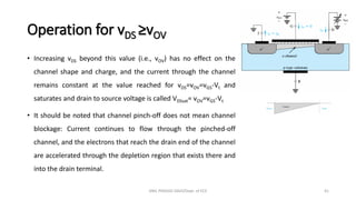 Operation for vDS ≥vOV
• Increasing vDS beyond this value (i.e., vOV) has no effect on the
channel shape and charge, and the current through the channel
remains constant at the value reached for vDS=vOV=vGS-Vt and
saturates and drain to source voltage is called VDSsat= vOV=vGS-Vt
• It should be noted that channel pinch-off does not mean channel
blockage: Current continues to flow through the pinched-off
channel, and the electrons that reach the drain end of the channel
are accelerated through the depletion region that exists there and
into the drain terminal.
ANIL PRASAD DADI/Dept. of ECE 41
 
